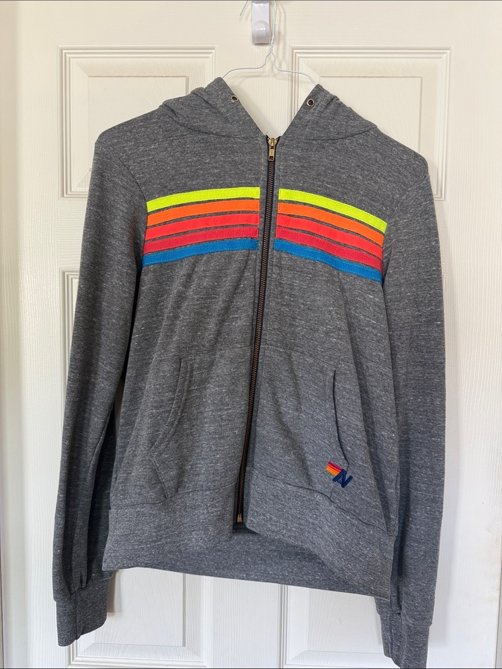 Aviator Nation Gray Zip Hoodie with Neon Yellow Orange Red Blue Stripes